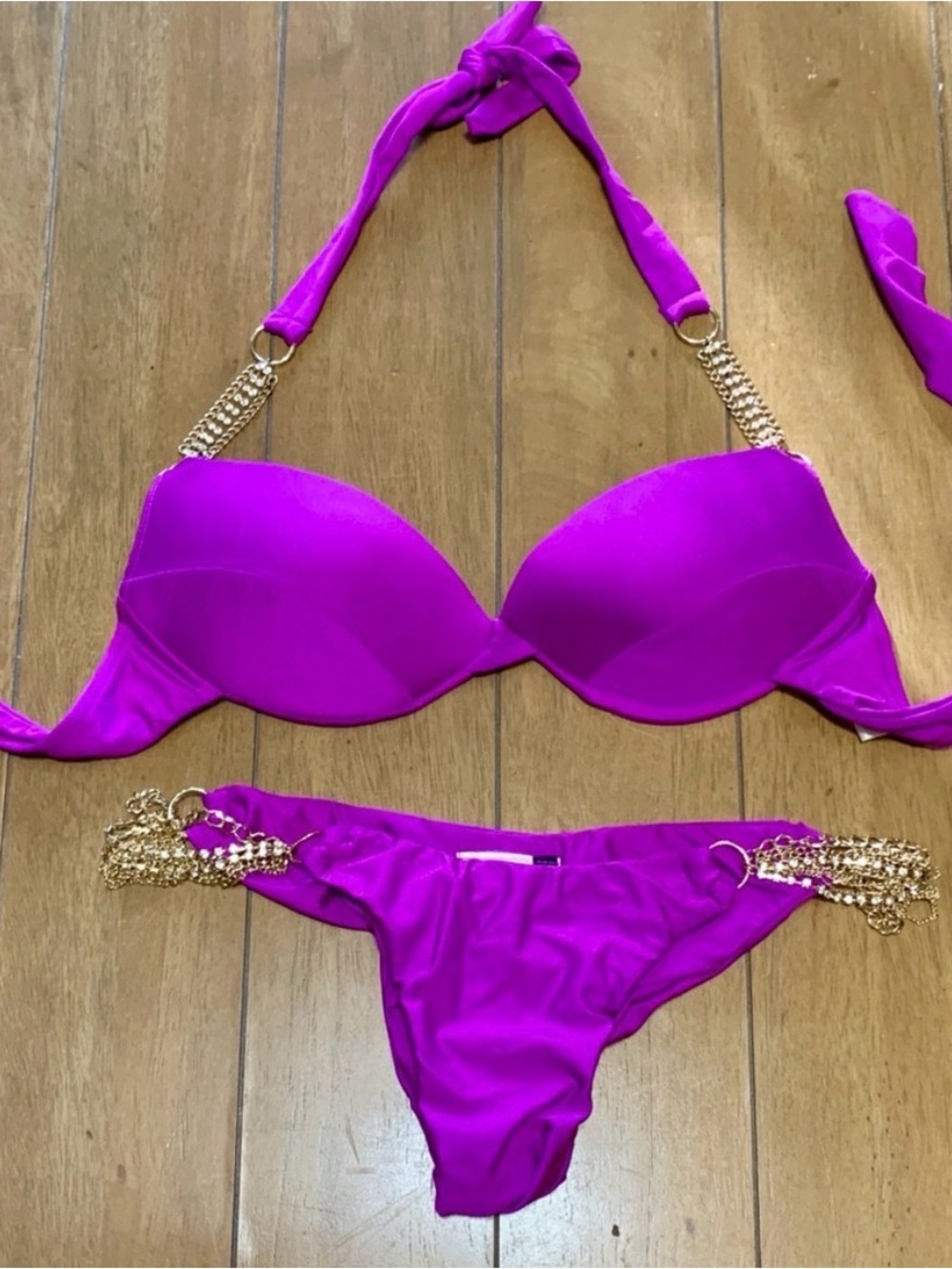 Women’s Fuchsia Halter Bikini with Gold Chain Accents